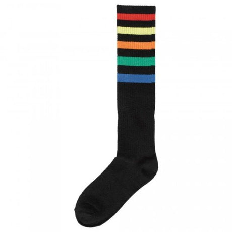 Colorful knee-high striped socks featuring a vibrant rainbow pattern, perfect for adding fun to any outfit.