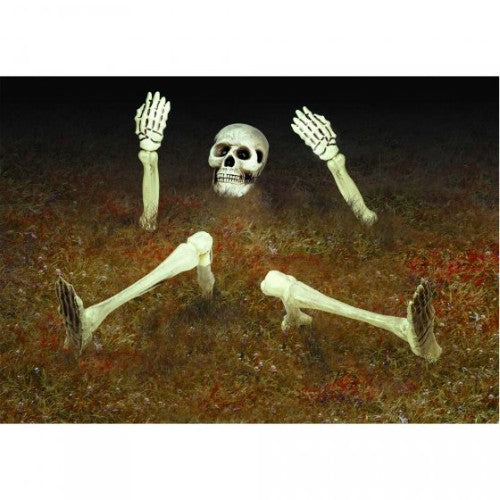 Set of 9 durable plastic skeletons for outdoor Halloween decor, designed to appear as if breaking from the ground.