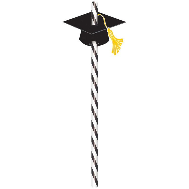 Pack of 12 eco-friendly paper straws with black graduation cap decorations, perfect for celebrating graduations and events.