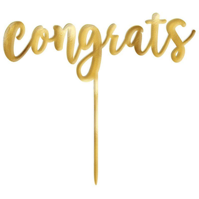 Gold plastic Congrats cake topper with mirror finish, measuring 6.5" x 6.25", perfect for elegant celebrations.