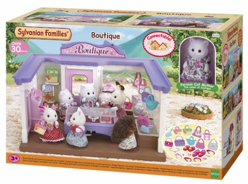 Sylvanian Families Boutique set featuring Persian Cat Mother, stylish accessories, clothing, and display items for imaginative play.