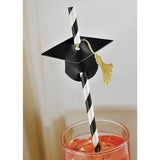 Pack of 12 eco-friendly paper straws featuring black graduation cap decorations, perfect for graduation celebrations.