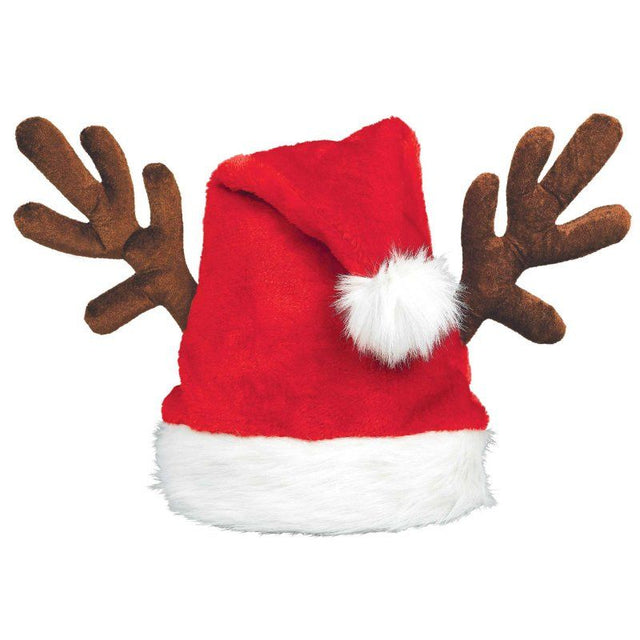 Festive red Santa hat with fluffy pom-pom and soft antlers, perfect for holiday celebrations and fun dress-up.