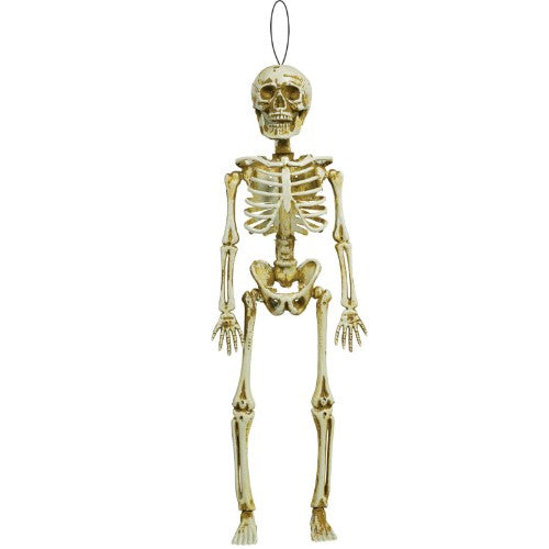 Eerie 39 cm plastic skeleton hanging decoration perfect for Halloween parties and spine-tingling indoor or outdoor displays.