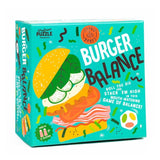 Colorful game pieces featuring burger ingredients stack atop a ketchup bottle, promoting fun and balance for ages 3 and up.