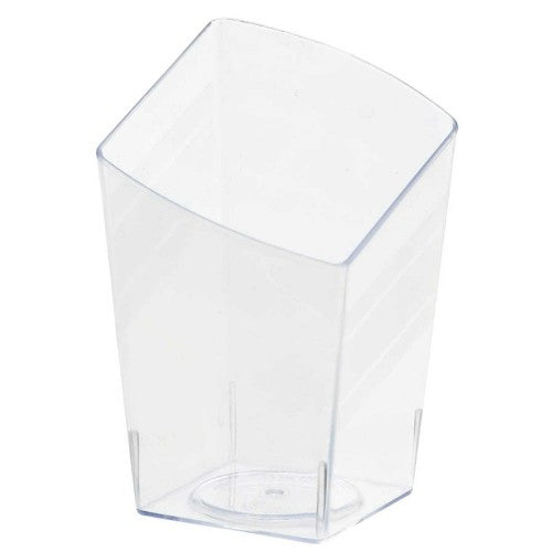 Clear plastic mini tumblers with slanted design for stylish beverage serving at events, pack of 10, 2.2oz each.