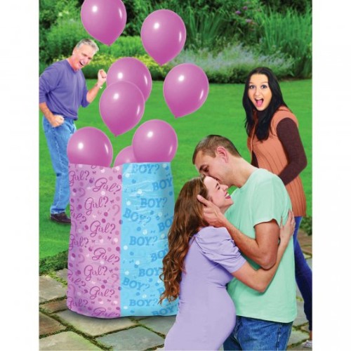 Gender Reveal Balloon Sack for girls, featuring a pink design, 8 latex balloons, and 8 elegant ribbons for celebrations.