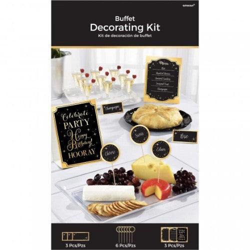 Gold Happy Birthday Buffet Decorating Kit featuring chic wooden picks, elegant place cards, and tent cards for stylish party decor.