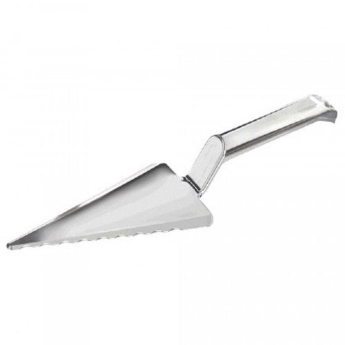 Sleek 11-inch silver plastic pie cutter for neat, uniform slices of desserts, ideal for every kitchen.