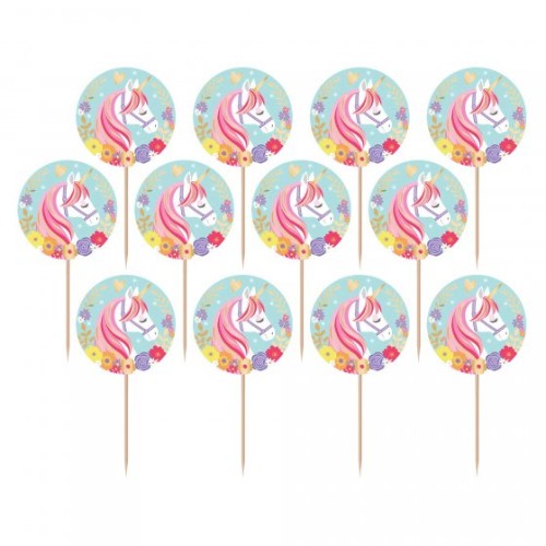 Magical Unicorn foil picks in a pack of 24, perfect for adding charm to cupcakes and snacks at any celebration.