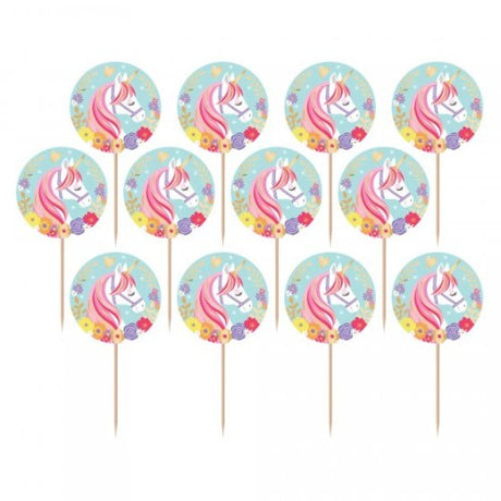 Magical Unicorn foil picks in a pack of 24, perfect for adding charm to cupcakes and snacks at any celebration.