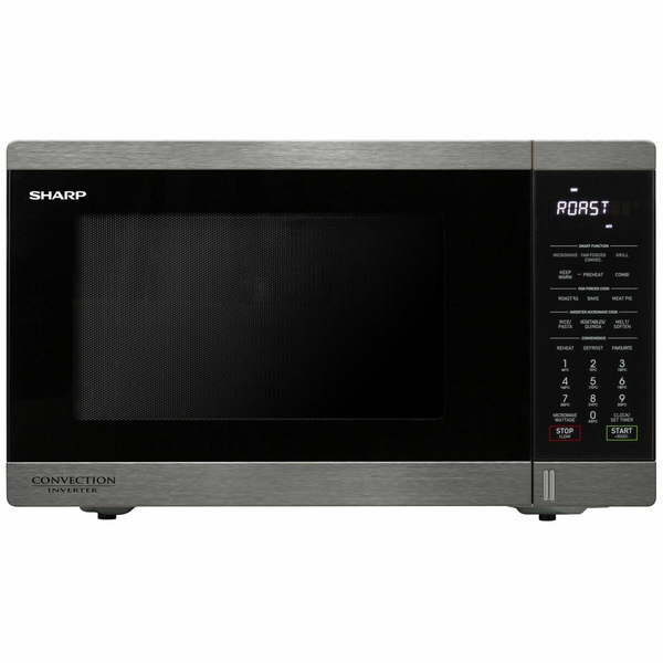Sharp convection microwave in stainless steel, 1100W, 32L capacity; versatile cooking with LED display and 11 power levels.