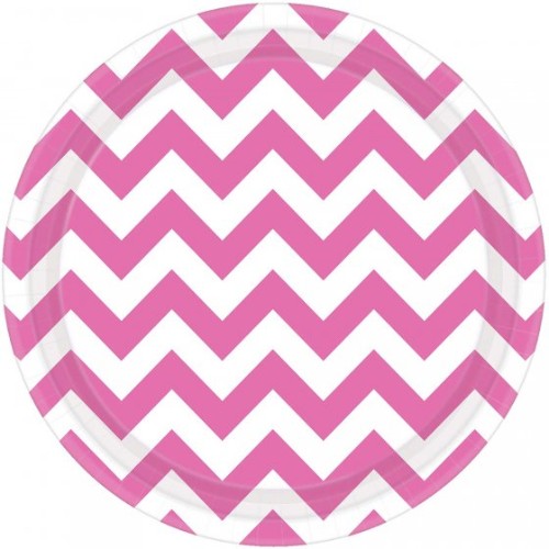 Chevron round plates in vibrant pink, 7"/17cm, pack of 8, perfect for parties and casual meals.