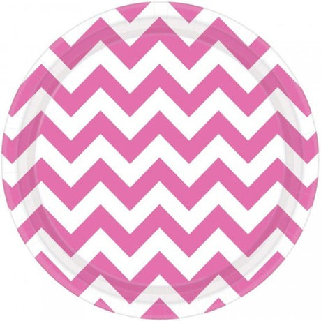 Chevron round plates in vibrant pink, 7"/17cm, pack of 8, perfect for parties and casual meals.