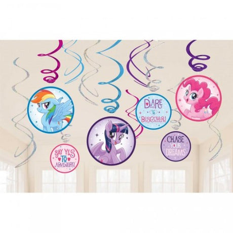 Vibrant My Little Pony swirls pack of 12, featuring colorful decorations for magical themed parties and celebrations.