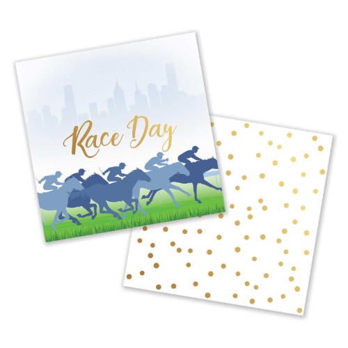 Hot-stamped beverage napkins featuring a vibrant race day design, perfect for parties and spills, pack of 16.