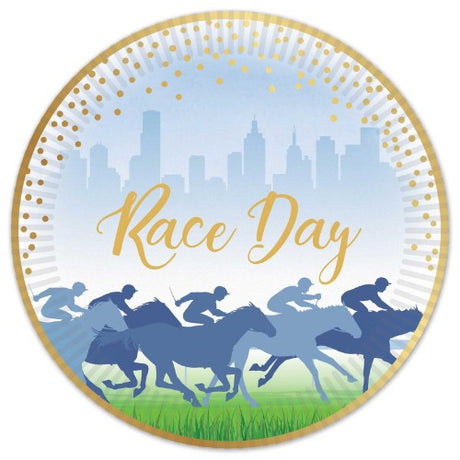 Vibrant race-themed paper plates, pack of 8, perfect for snacks at racing events and easy cleanup.