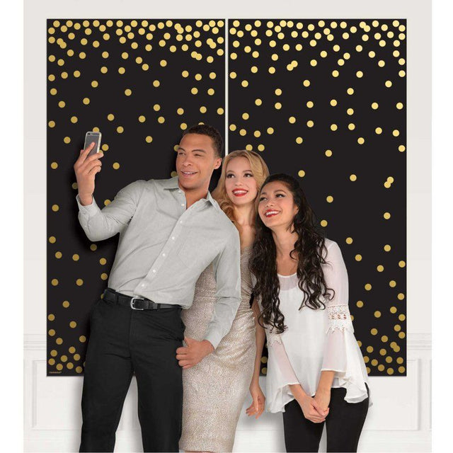 Stylish black and gold confetti scene setters, 65in x 65in, perfect for enhancing any party photo booth backdrop.