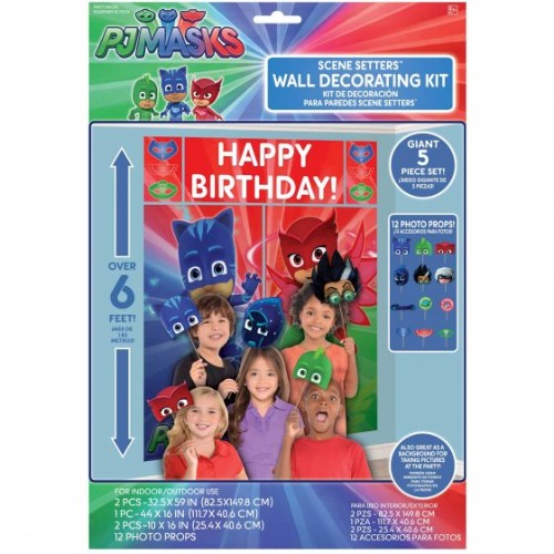 Colorful PJ Masks Scene Setter with 12 props, measuring 59in x 65in, perfect for kids' parties and themed events.