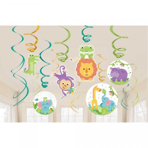 Colorful swirls decoration pack of 12 for baby showers and nurseries, featuring adorable Fisher Price designs.