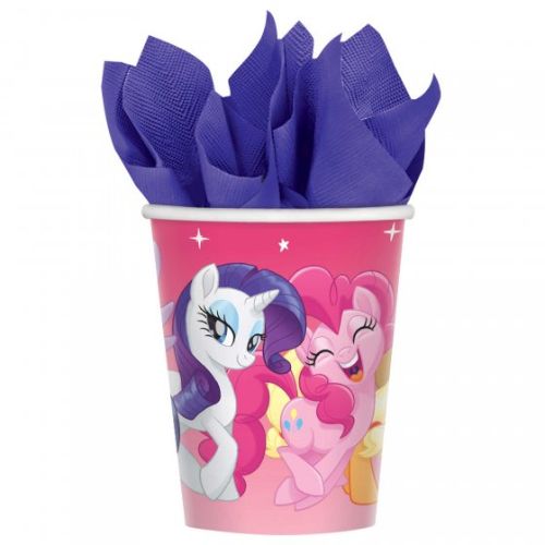 Pink and colorful disposable cups featuring My Little Pony characters, perfect for kids' parties and celebrations. Pack of 8.