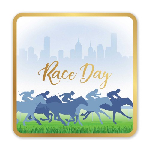 Set of 6 premium hot stamped drink coasters featuring racing designs, perfect for enhancing Race Day celebrations.