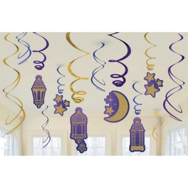 Colorful moon and stars hanging swirl decorations, perfect for adding magic to celebrations. Pack of 12 includes various cutouts.