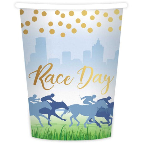 Vibrant hot-stamped paper cups celebrating race day, pack of 8, 9oz, eco-friendly and leak-proof for any gathering.