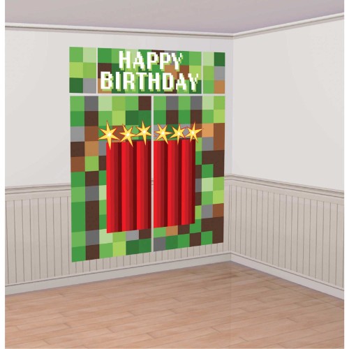 Colorful plastic wall decoration kit for birthday parties, including large banners and accent pieces for a festive atmosphere.