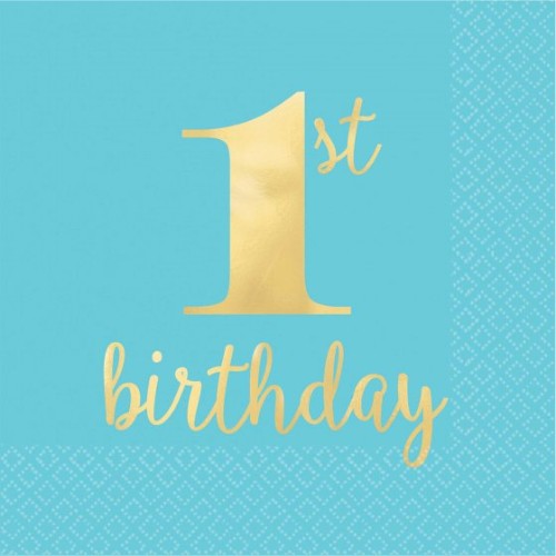 1st Birthday Blue Lunch Napkins Hot Stamped - Pack of 16
