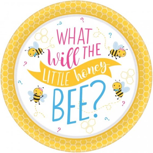 Vibrant 'What Will It Bee?' 10 1/2" round plates, eco-friendly, pack of 8, perfect for any celebration or picnic.