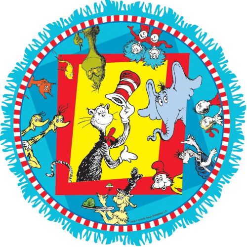 Colorful Dr. Seuss string pull pinata, 35 x 35 x 9 cm, perfect for kids' parties and festive celebrations.