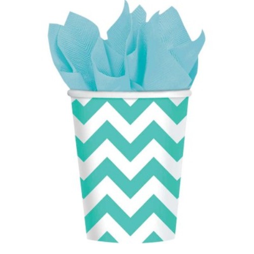 Chevron Cups in Robin's-Egg Blue, pack of 8, stylish 9oz disposable cups with a chevron design for parties and gatherings.