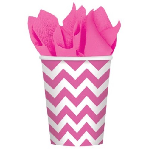 Stylish pink chevron disposable cups, pack of 8, perfect for celebrations and gatherings, 9oz capacity.