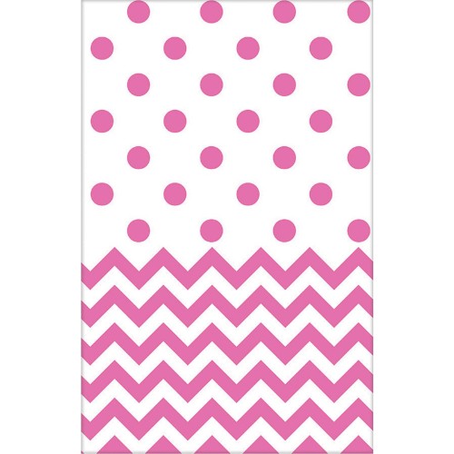 Vibrant pink chevron plastic tablecover, perfect for protecting tables at festive events and easy to clean.