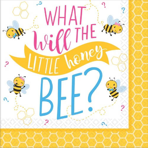 Whimsical 'What Will It Bee?' beverage napkins, 25cm, pack of 16, perfect for festive gatherings and eco-friendly.