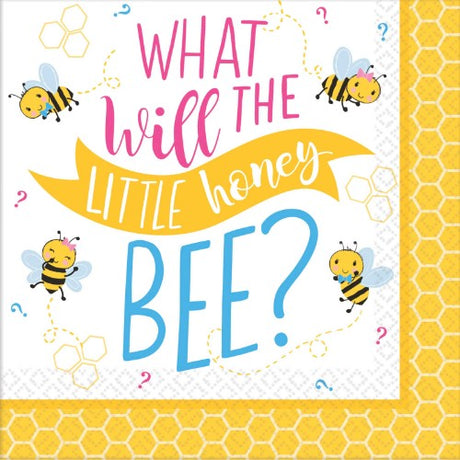 Whimsical 'What Will It Bee?' beverage napkins, 25cm, pack of 16, perfect for festive gatherings and eco-friendly.