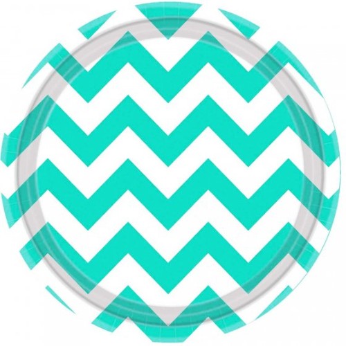 Chevron round plates in Robin's-Egg Blue, 7"/17cm, pack of 8, perfect for stylish dining and versatile use.