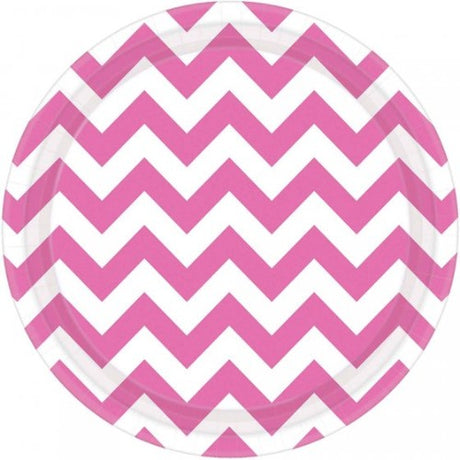 Chevron 23cm round plates in new pink, pack of 8, featuring modern chevron pattern for stylish dining occasions.
