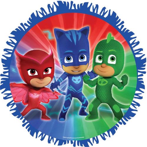 Vibrant PJ Masks pull string pinata, 42cm diameter, expands for fun candy-filled entertainment at kids' birthday parties.