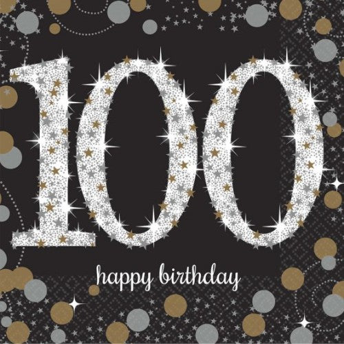 "Pack of 16 elegant napkins for 100th birthday celebrations, adorned with a sparkling design to elevate festive gatherings."