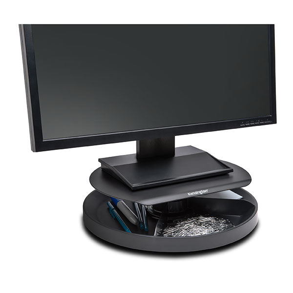 Kensington SmartFit Spin2 Monitor Stand with adjustable height, 360° carousel, and space-saving design for ergonomic workstations.