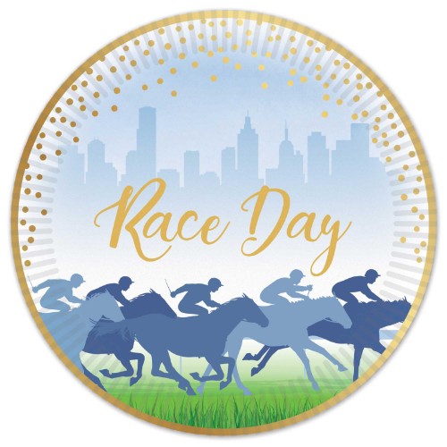 Vibrant 7-inch disposable paper plates with race day design, perfect for outdoor events and gatherings, pack of 50.