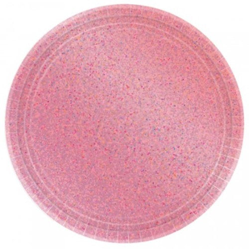 Pack of 8 pink round prismatic plates, 9"/23cm, elegant and vibrant for any occasion, durable and eco-friendly.