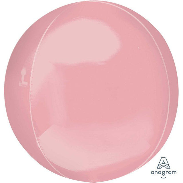 Pastel pink orb-shaped foil balloon, 38cm x 40cm, perfect for celebrations like birthdays and baby showers.