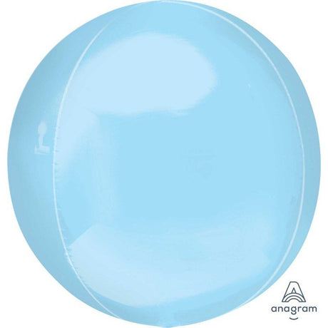 Pastel blue self-sealing Orbz XL foil balloon, 38cm x 40cm, perfect for elegant celebrations and party decor.