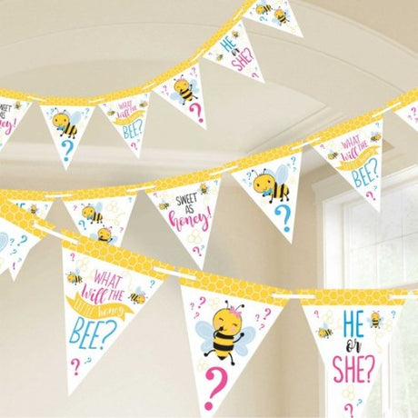 Vibrant "What Will It Bee?" pennant banner perfect for baby showers and gender reveal parties, adding a festive touch.