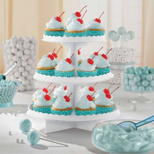 Three-tier white cupcake stand, 31.75 cm tall, showcasing desserts elegantly for celebrations and gatherings.