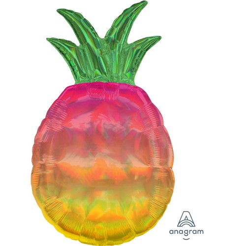 Holographic iridescent pineapple foil balloon, 43cm x 78cm, perfect for tropical-themed parties and celebrations.