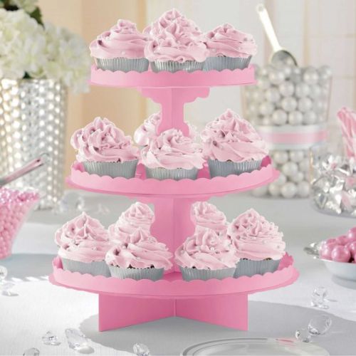 3 Tier Cupcake Treat Stand in vibrant pink, 11 inches tall, perfect for showcasing desserts at any celebration.